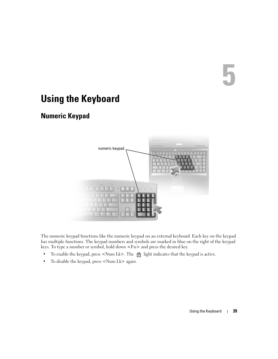 Using the keyboard, Numeric keypad, 5 using the keyboard | Dell Latitude D630 ATG (Mid 2007) User Manual | Page 39 / 166