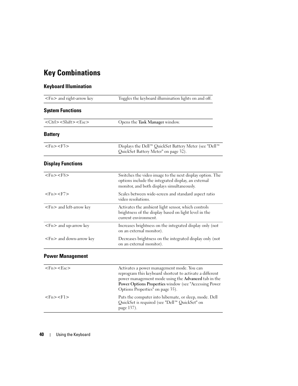 Key combinations, Keyboard illumination, System functions | Battery, Display functions, Power management | Dell Latitude D630 ATG (Mid 2007) User Manual | Page 40 / 166