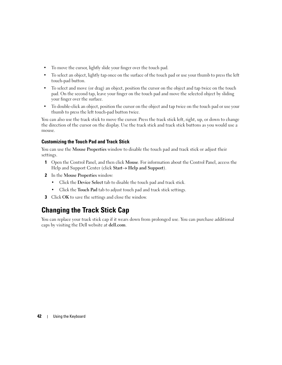 Customizing the touch pad and track stick, Changing the track stick cap | Dell Latitude D630 ATG (Mid 2007) User Manual | Page 42 / 166