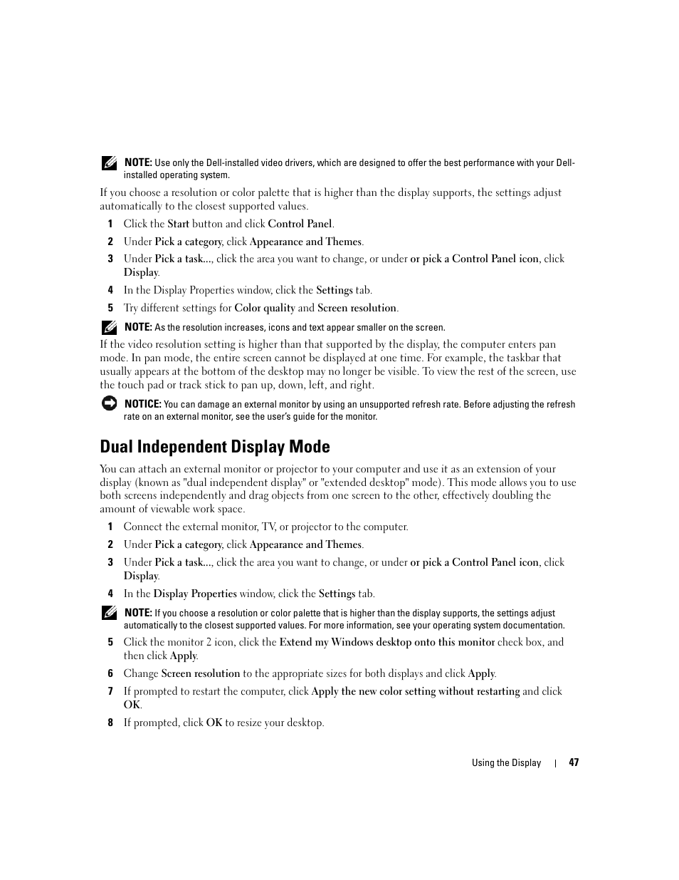 Dual independent display mode | Dell Latitude D630 ATG (Mid 2007) User Manual | Page 47 / 166