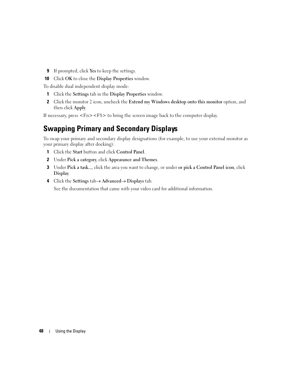 Swapping primary and secondary displays | Dell Latitude D630 ATG (Mid 2007) User Manual | Page 48 / 166