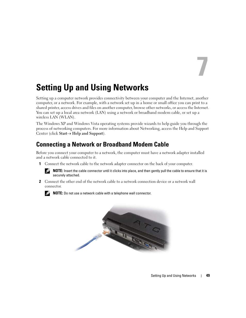 Setting up and using networks, Connecting a network or broadband modem cable, 7 setting up and using networks | Dell Latitude D630 ATG (Mid 2007) User Manual | Page 49 / 166