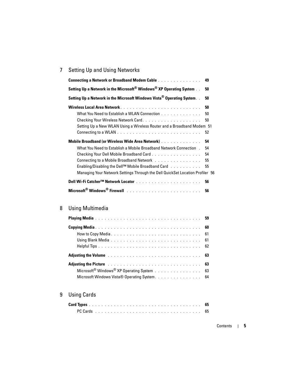 7 setting up and using networks, 8 using multimedia, 9 using cards | Dell Latitude D630 ATG (Mid 2007) User Manual | Page 5 / 166
