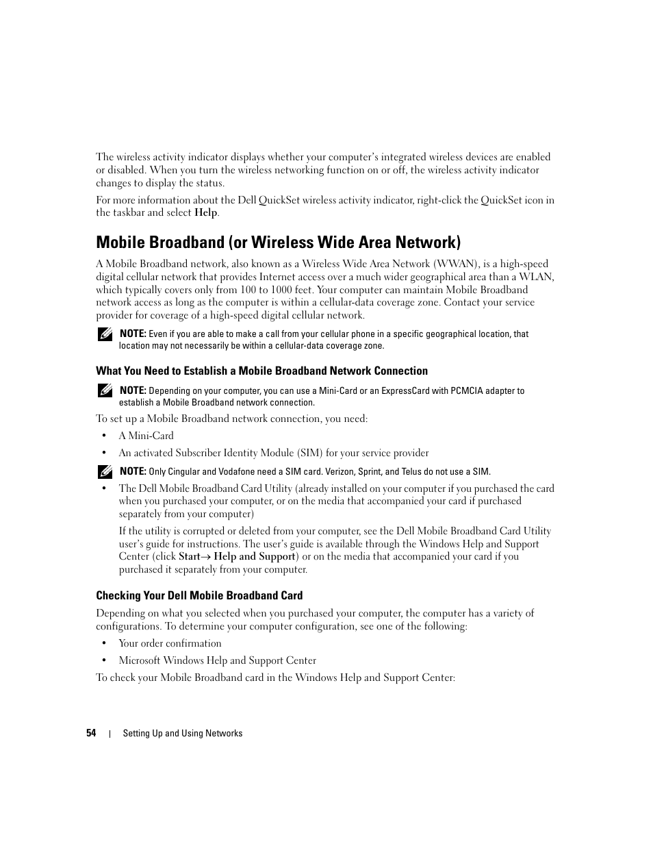 Mobile broadband (or wireless wide area network), Checking your dell mobile broadband card | Dell Latitude D630 ATG (Mid 2007) User Manual | Page 54 / 166