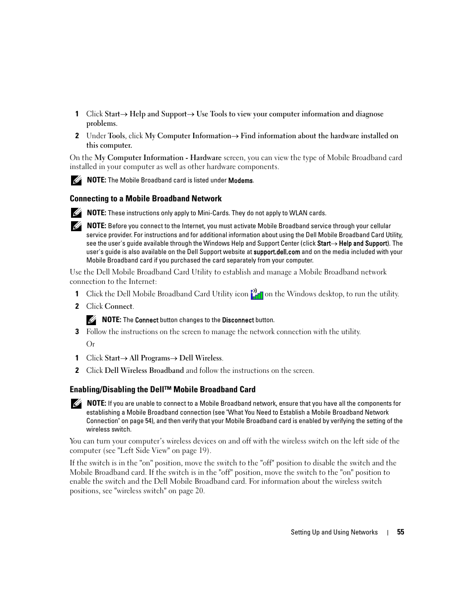 Connecting to a mobile broadband network, Enabling/disabling the dell™ mobile broadband card | Dell Latitude D630 ATG (Mid 2007) User Manual | Page 55 / 166