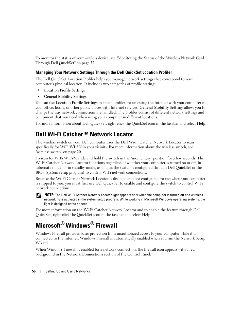 Dell wi-fi catcher™ network locator, Microsoft® windows® firewall, Microsoft | Dell wi-fi catcher™ network, Windows, Firewall | Dell Latitude D630 ATG (Mid 2007) User Manual | Page 56 / 166