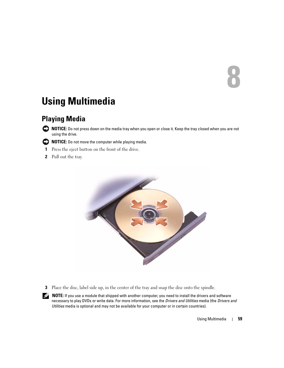 Using multimedia, Playing media, 8 using multimedia | Dell Latitude D630 ATG (Mid 2007) User Manual | Page 59 / 166