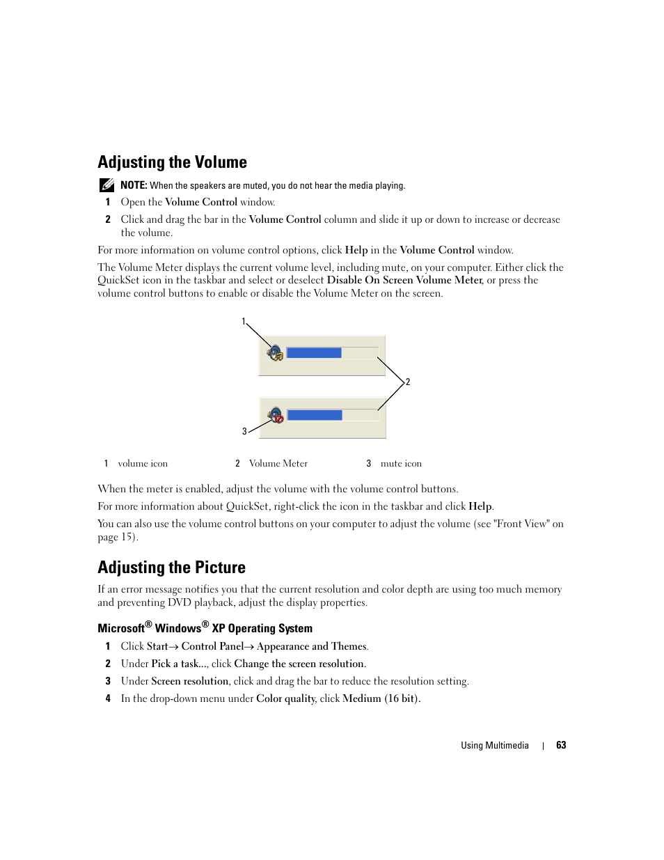 Adjusting the volume, Adjusting the picture, Microsoft® windows® xp operating system | Microsoft | Dell Latitude D630 ATG (Mid 2007) User Manual | Page 63 / 166