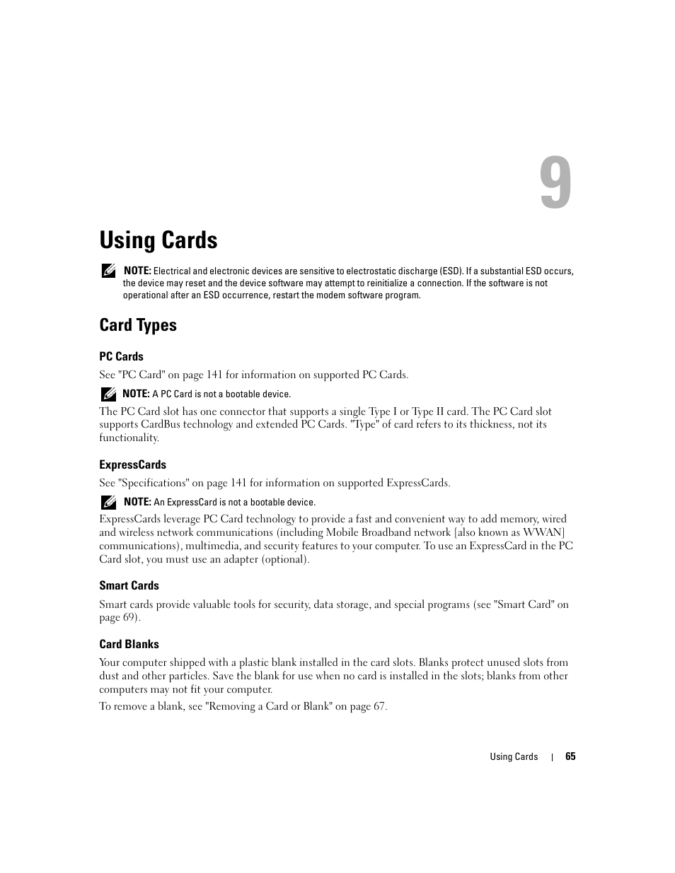 Using cards, Card types, Pc cards | Expresscards, Smart cards, Card blanks, 9 using cards | Dell Latitude D630 ATG (Mid 2007) User Manual | Page 65 / 166