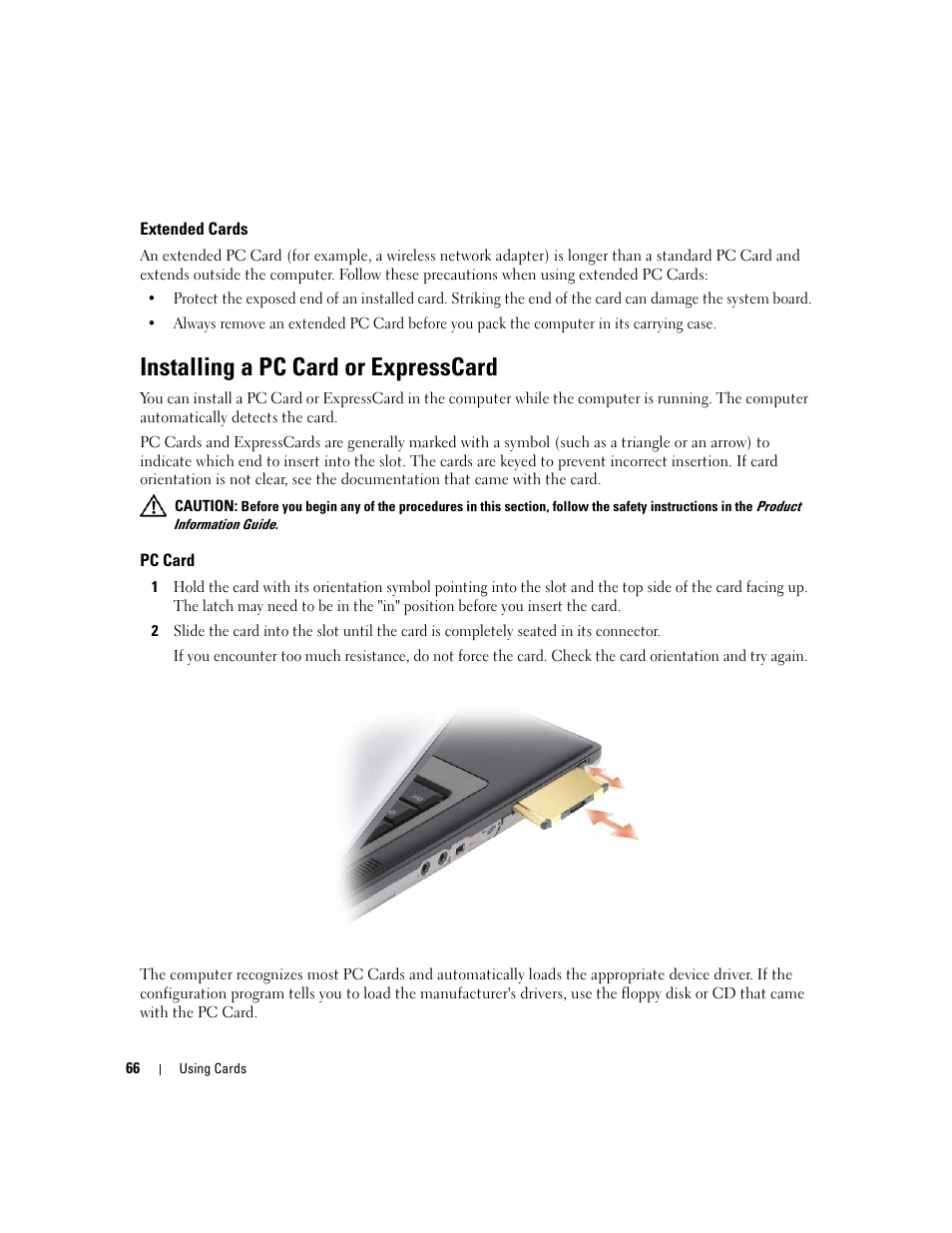 Extended cards, Installing a pc card or expresscard, Pc card | Dell Latitude D630 ATG (Mid 2007) User Manual | Page 66 / 166