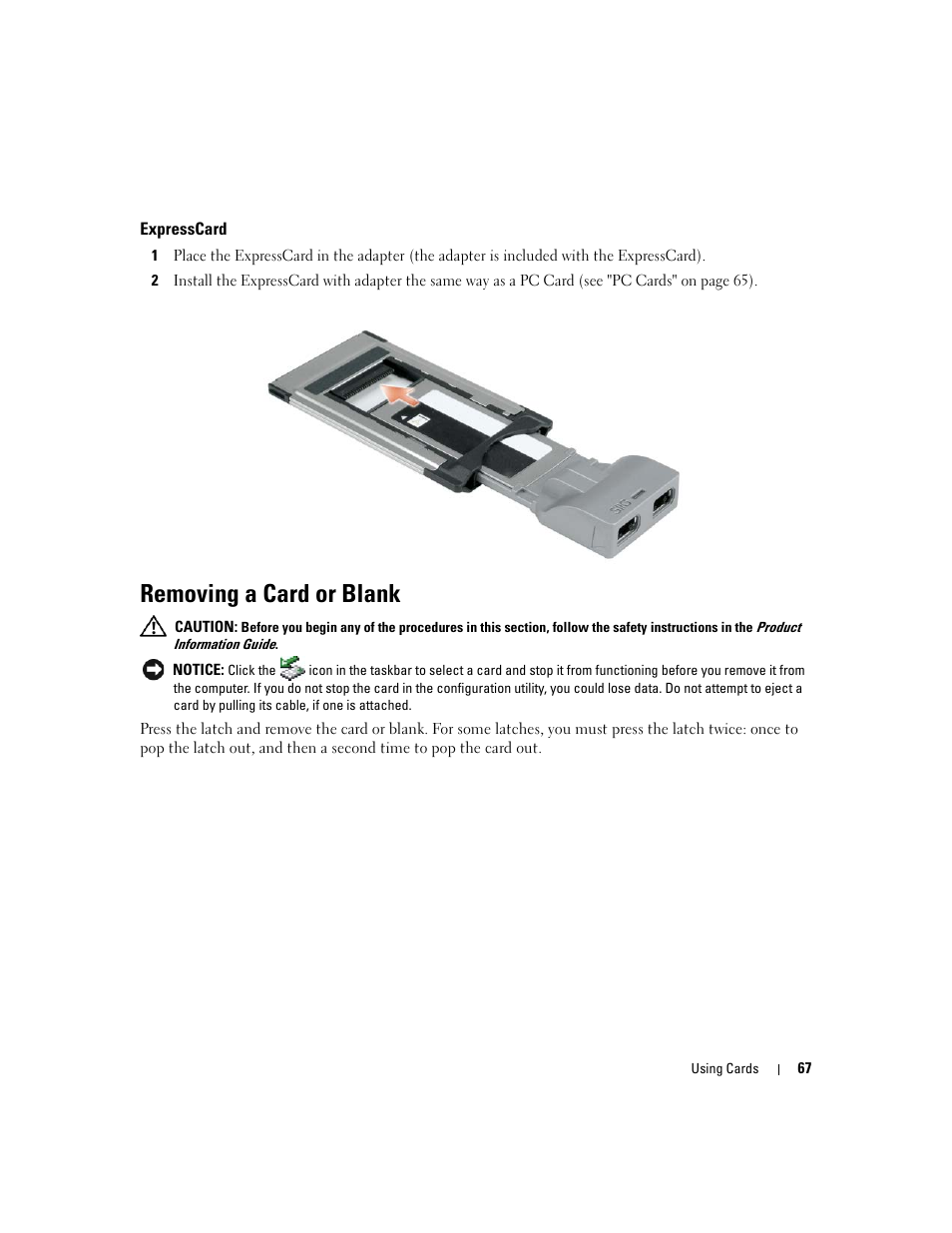 Expresscard, Removing a card or blank | Dell Latitude D630 ATG (Mid 2007) User Manual | Page 67 / 166