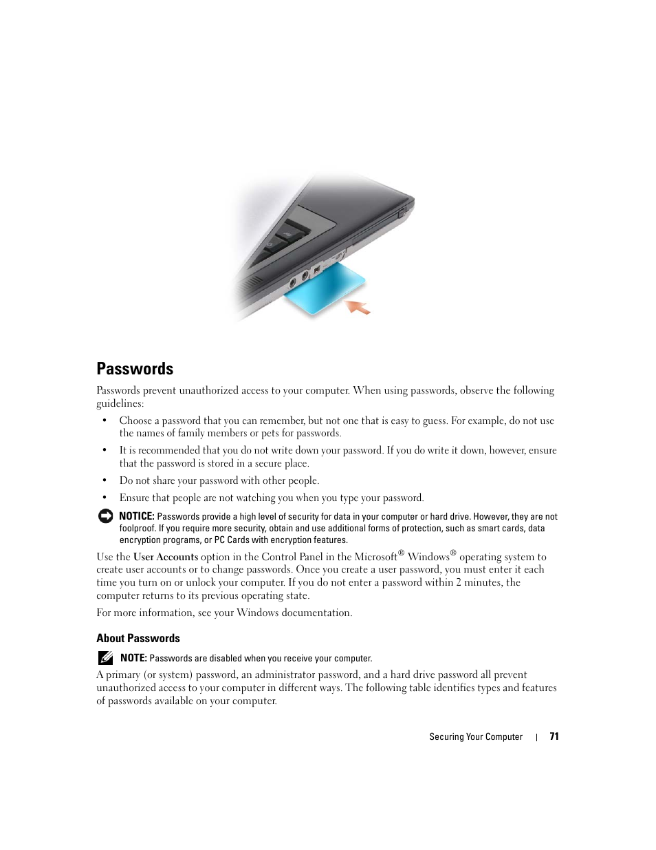 Passwords, About passwords | Dell Latitude D630 ATG (Mid 2007) User Manual | Page 71 / 166