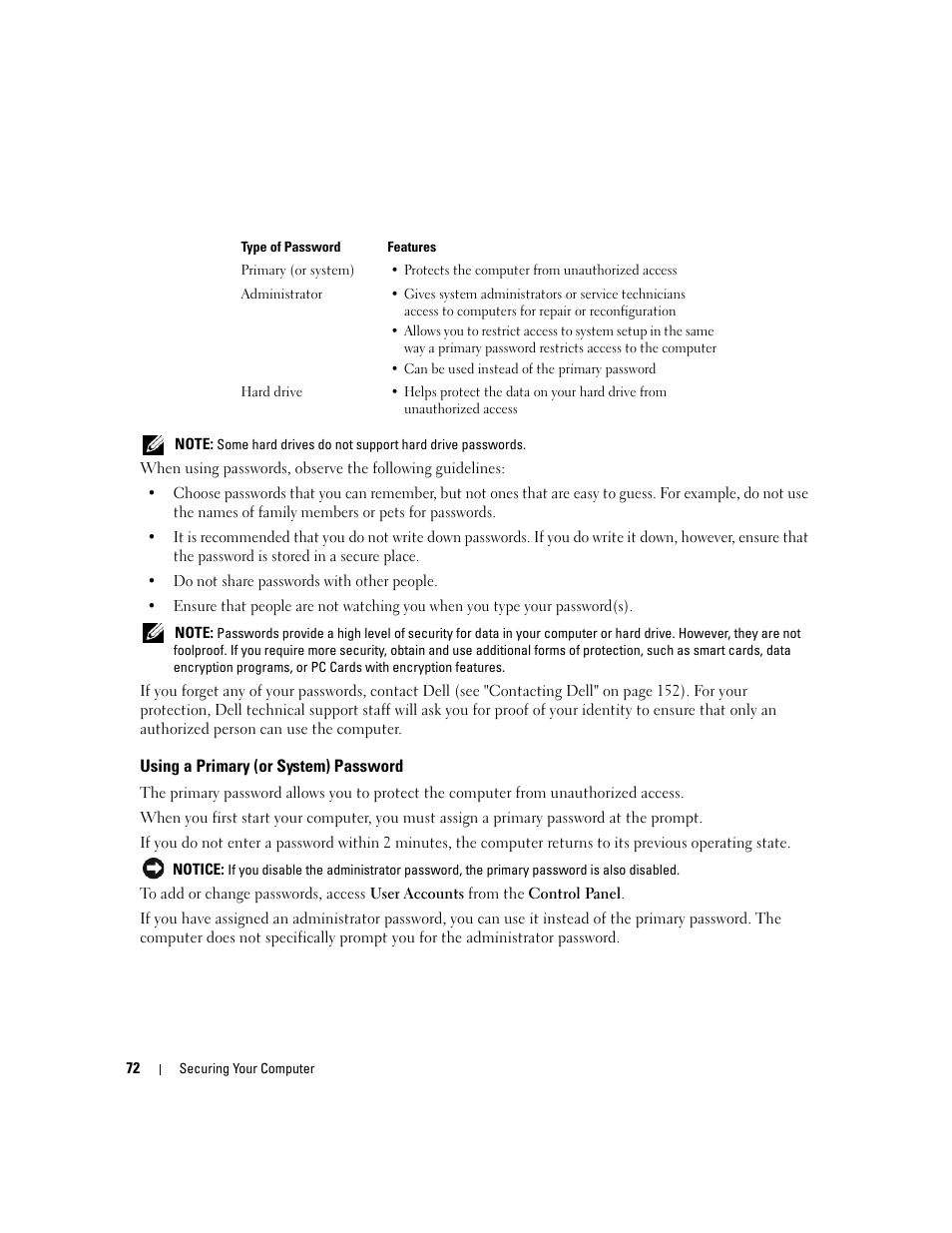 Using a primary (or system) password | Dell Latitude D630 ATG (Mid 2007) User Manual | Page 72 / 166