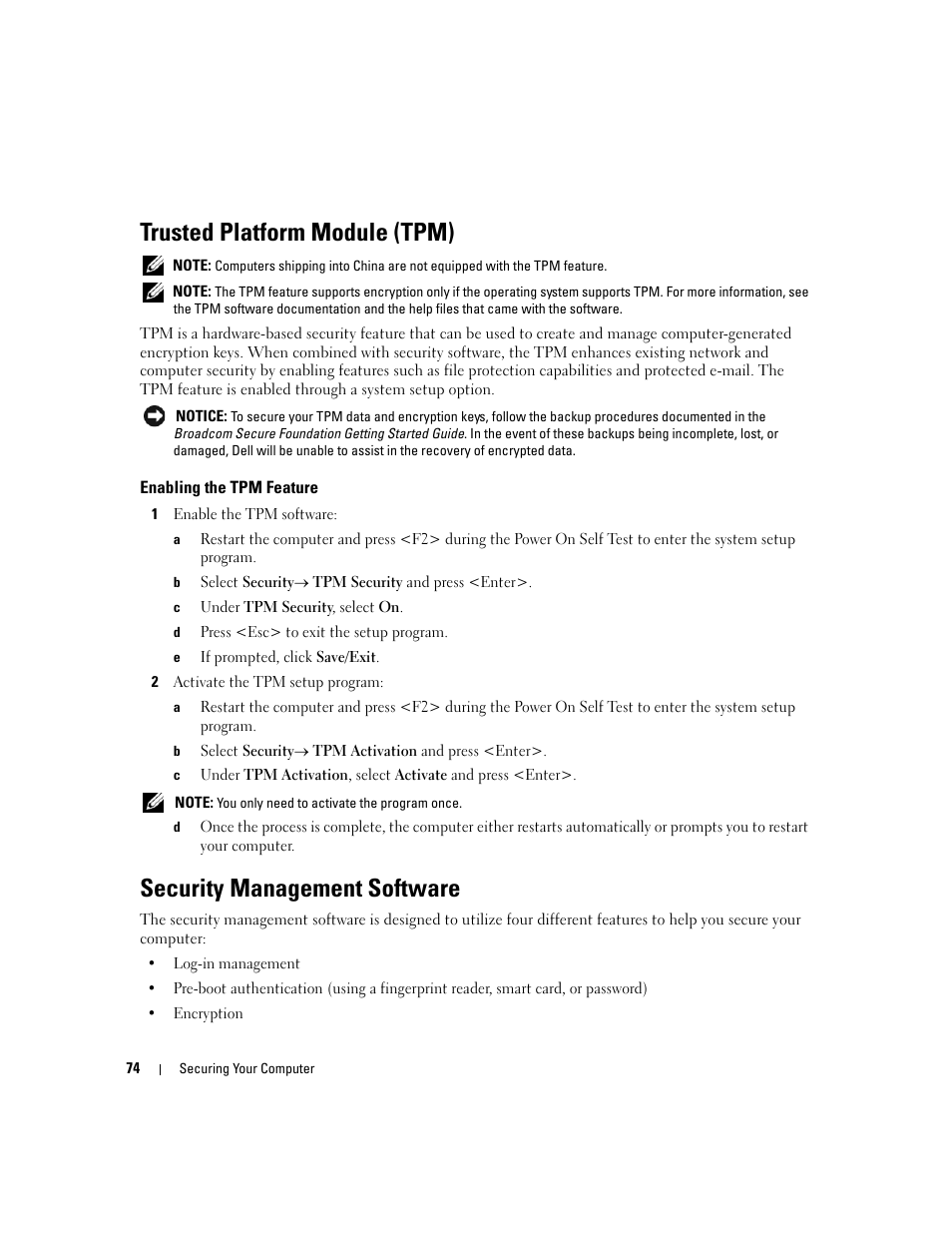 Trusted platform module (tpm), Enabling the tpm feature, Security management software | Dell Latitude D630 ATG (Mid 2007) User Manual | Page 74 / 166