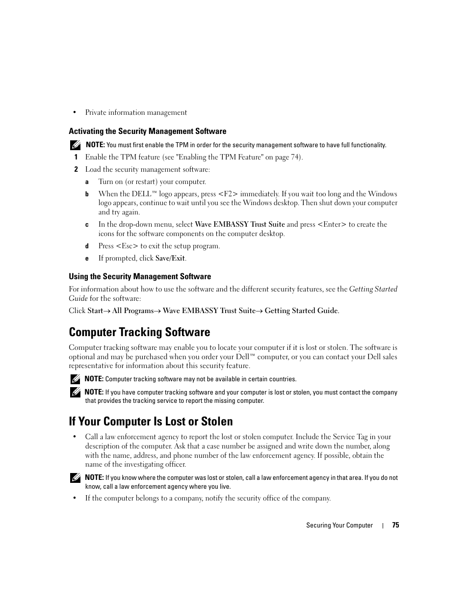 Activating the security management software, Using the security management software, Computer tracking software | If your computer is lost or stolen | Dell Latitude D630 ATG (Mid 2007) User Manual | Page 75 / 166