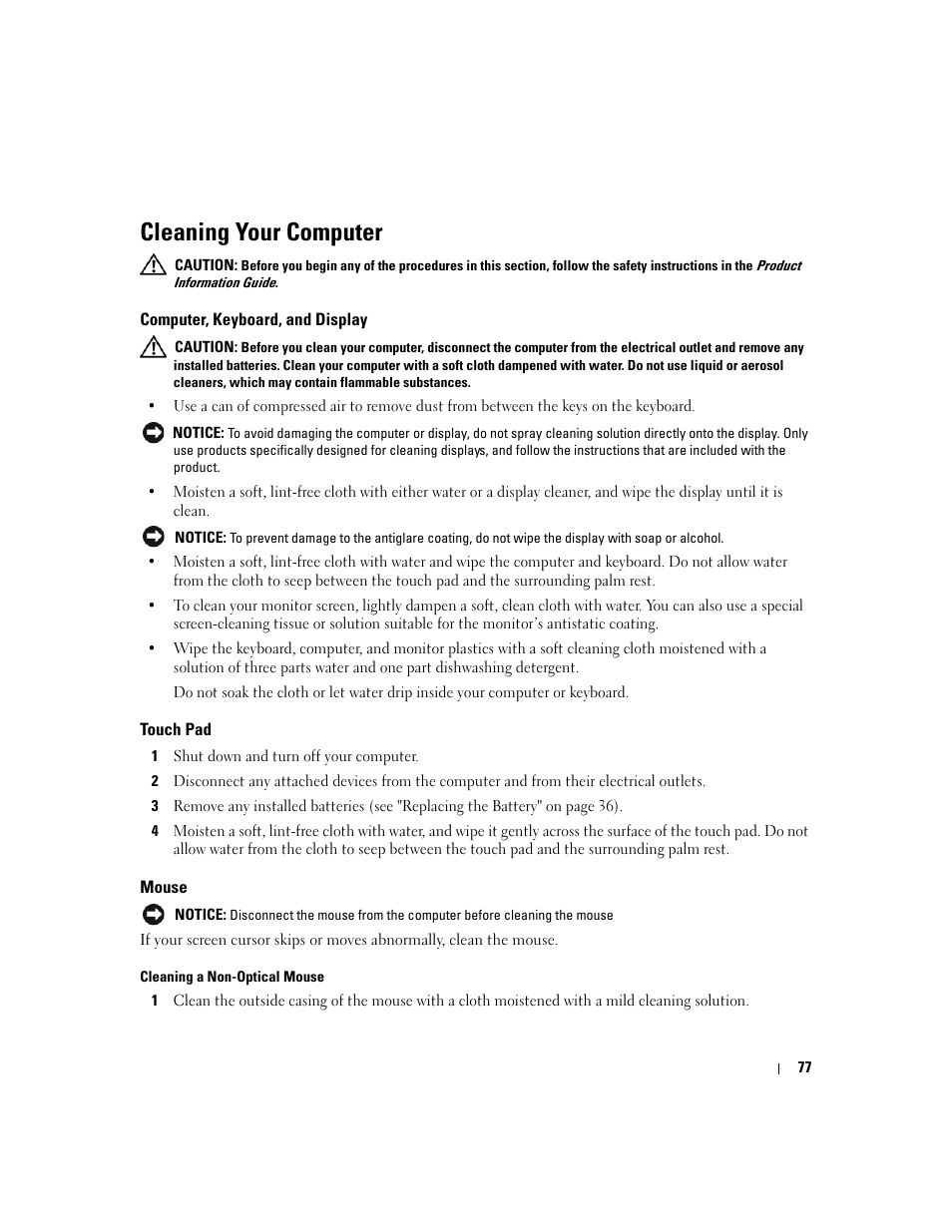 Cleaning your computer, Computer, keyboard, and display, Touch pad | Mouse | Dell Latitude D630 ATG (Mid 2007) User Manual | Page 77 / 166