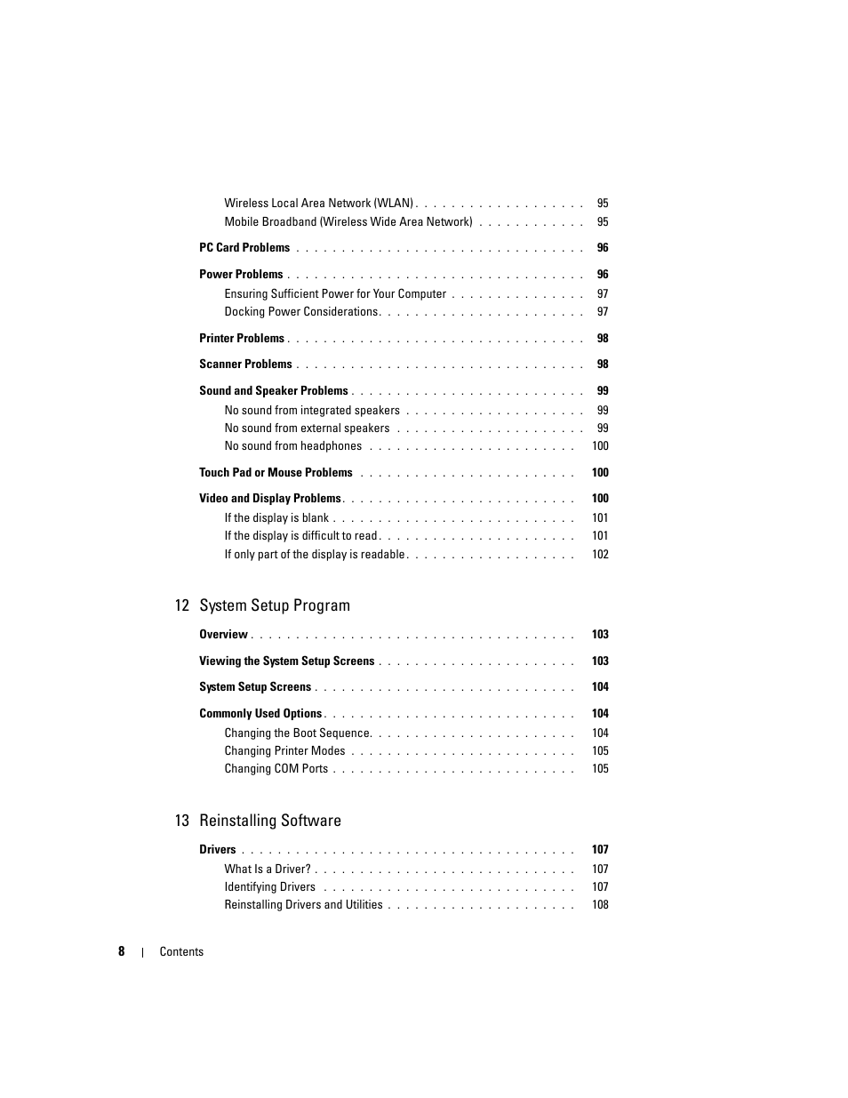 12 system setup program, 13 reinstalling software | Dell Latitude D630 ATG (Mid 2007) User Manual | Page 8 / 166