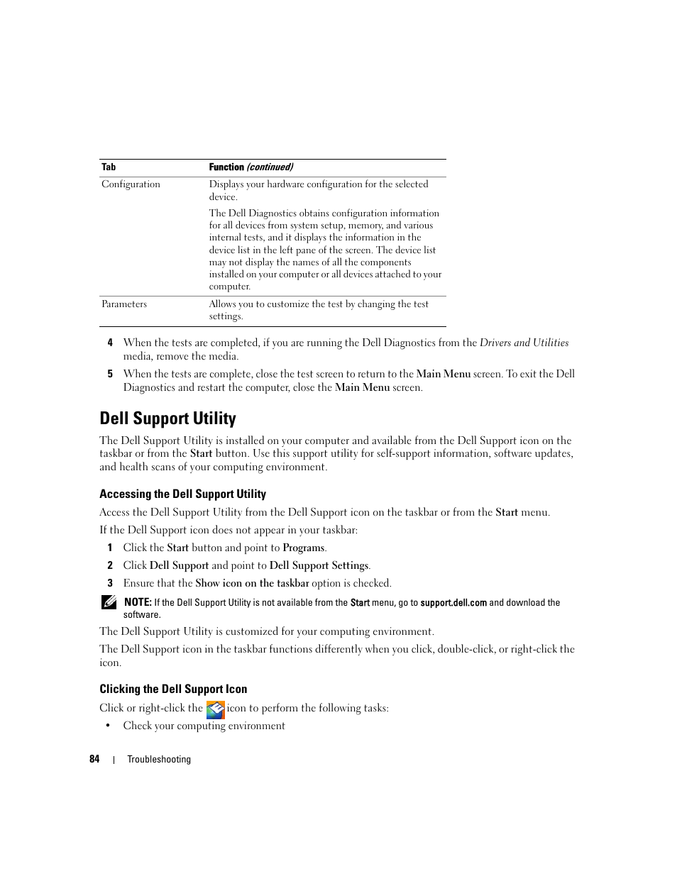Dell support utility, Accessing the dell support utility, Clicking the dell support icon | Dell Latitude D630 ATG (Mid 2007) User Manual | Page 84 / 166