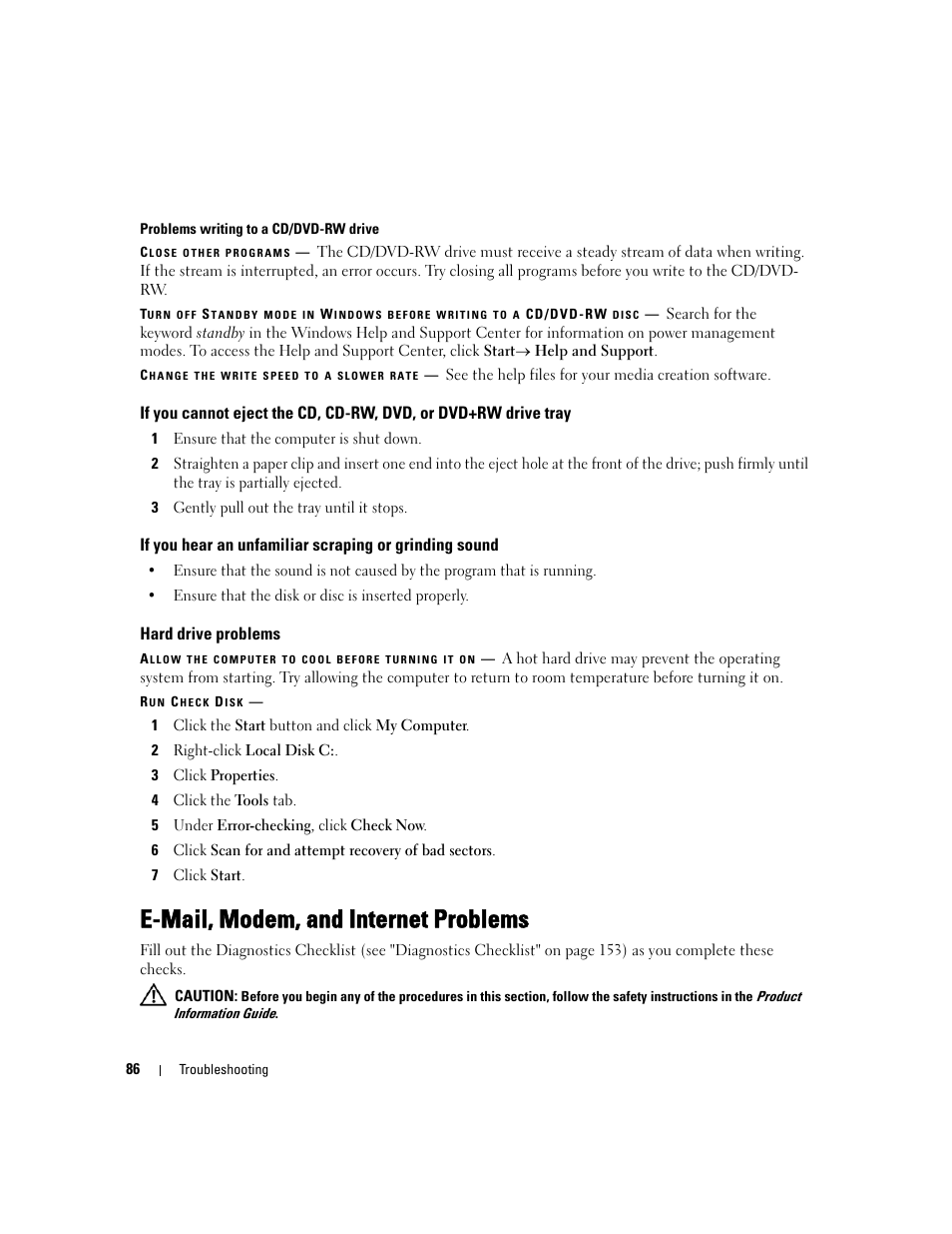 Hard drive problems, E-mail, modem, and internet problems | Dell Latitude D630 ATG (Mid 2007) User Manual | Page 86 / 166