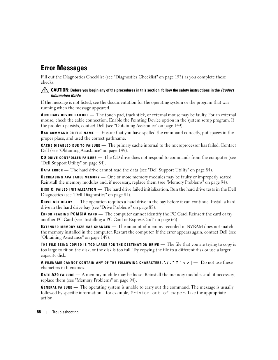 Error messages | Dell Latitude D630 ATG (Mid 2007) User Manual | Page 88 / 166