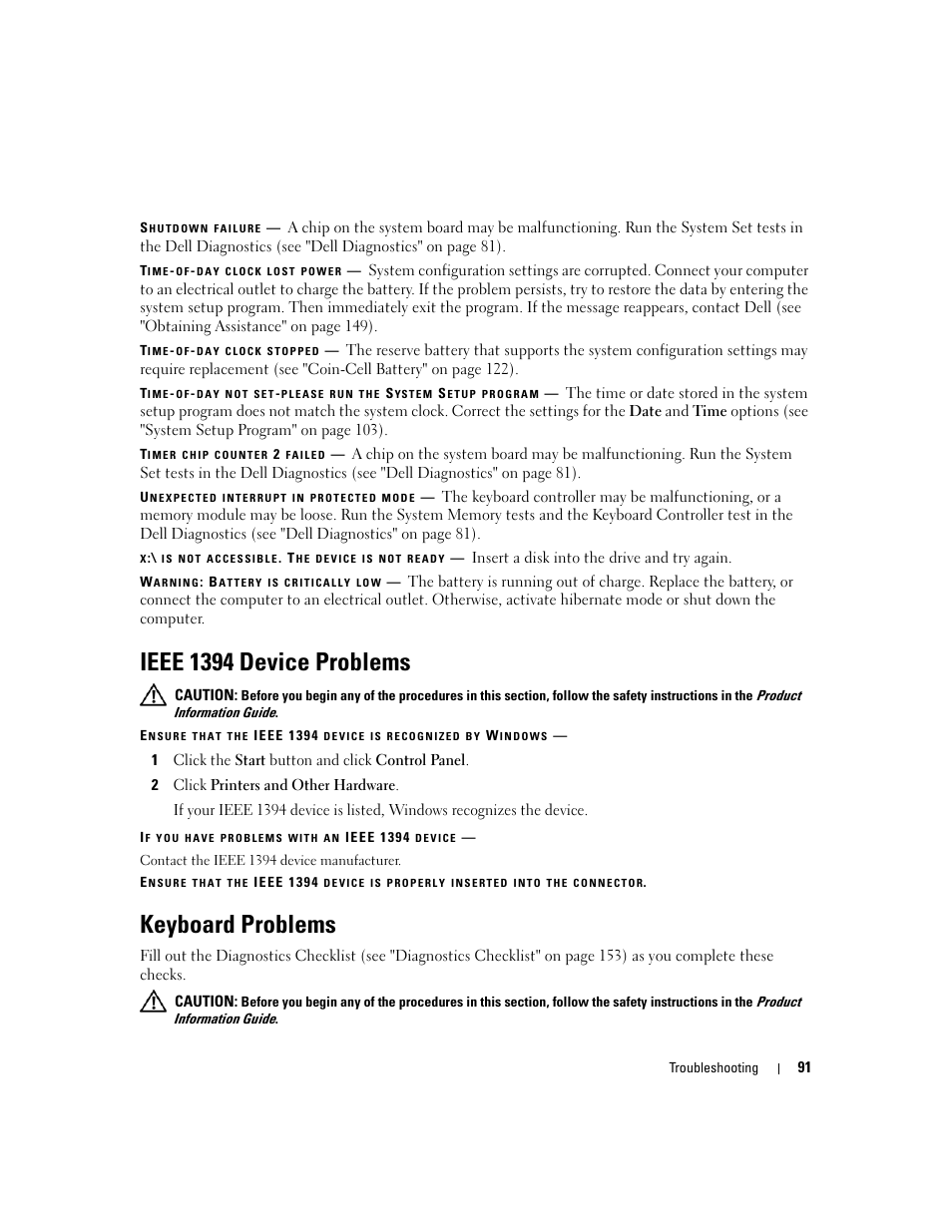 Ieee 1394 device problems, Keyboard problems | Dell Latitude D630 ATG (Mid 2007) User Manual | Page 91 / 166