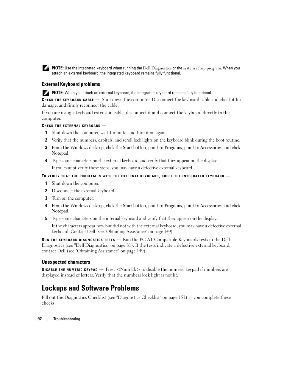 External keyboard problems, Unexpected characters, Lockups and software problems | Ks in "lockups and software | Dell Latitude D630 ATG (Mid 2007) User Manual | Page 92 / 166