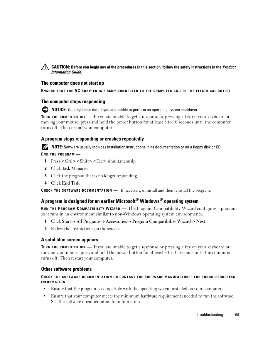 The computer does not start up, The computer stops responding, A program stops responding or crashes repeatedly | A solid blue screen appears, Other software problems, A program is designed for an earlier microsoft, Windows, Operating system | Dell Latitude D630 ATG (Mid 2007) User Manual | Page 93 / 166