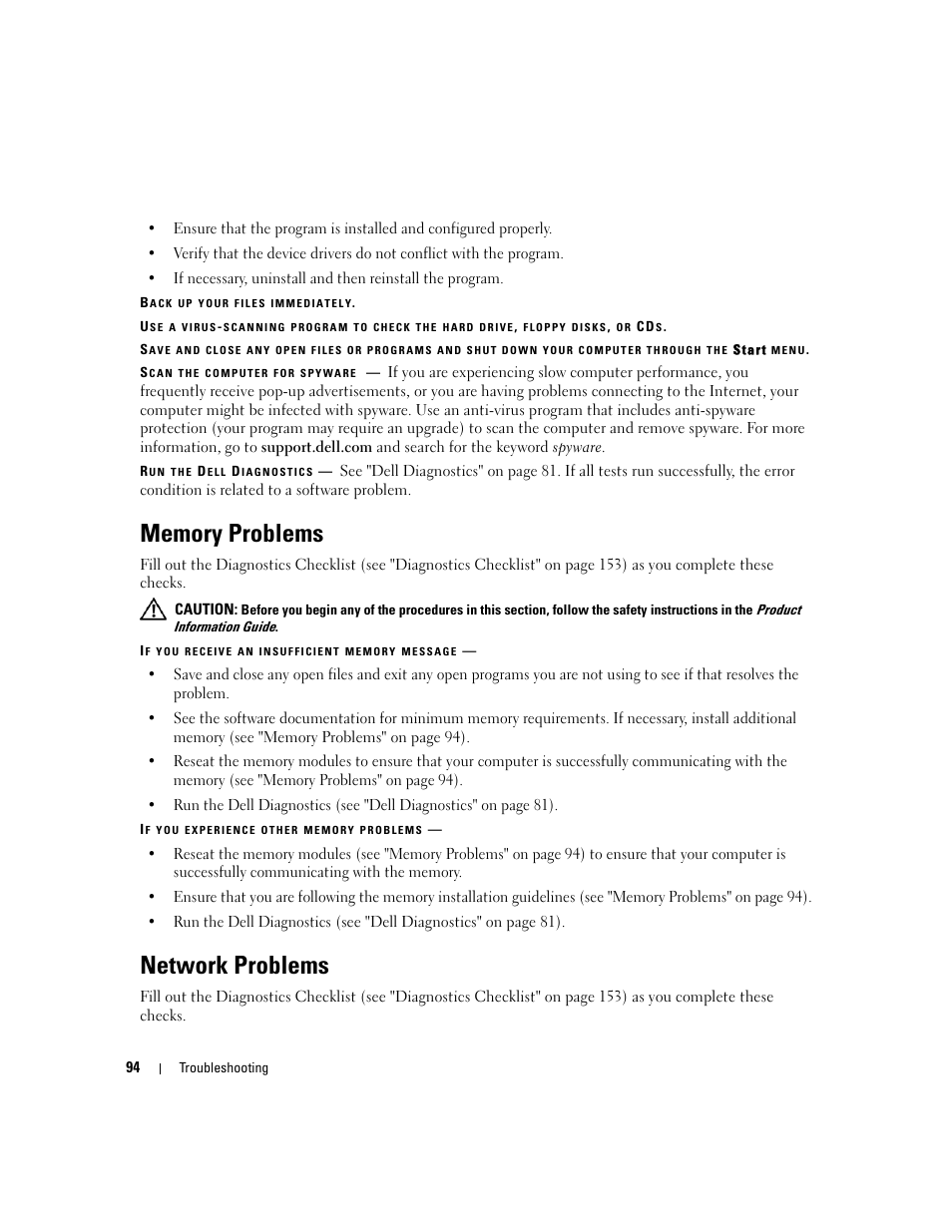 Memory problems, Network problems, Memory | Dell Latitude D630 ATG (Mid 2007) User Manual | Page 94 / 166