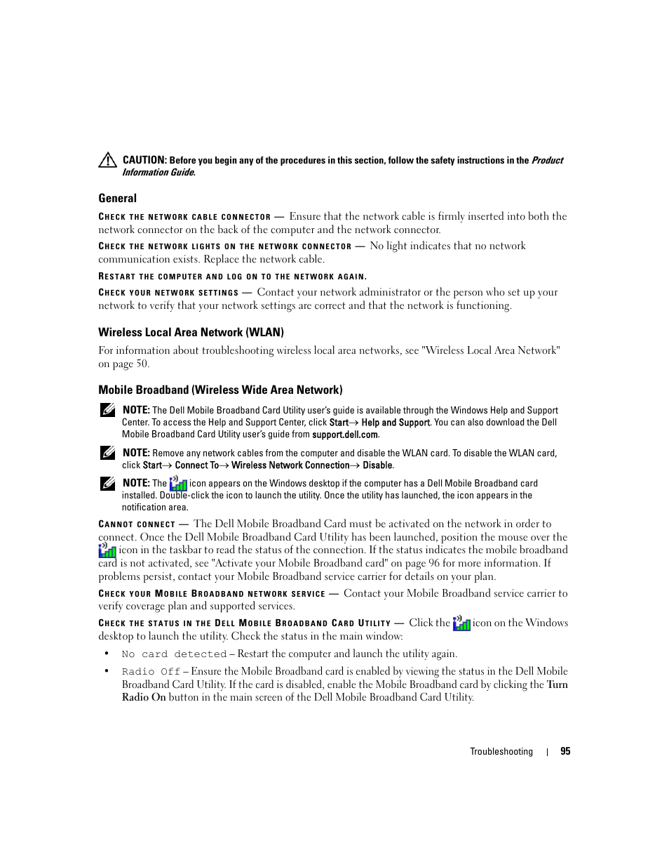 General, Wireless local area network (wlan), Mobile broadband (wireless wide area network) | Dell Latitude D630 ATG (Mid 2007) User Manual | Page 95 / 166