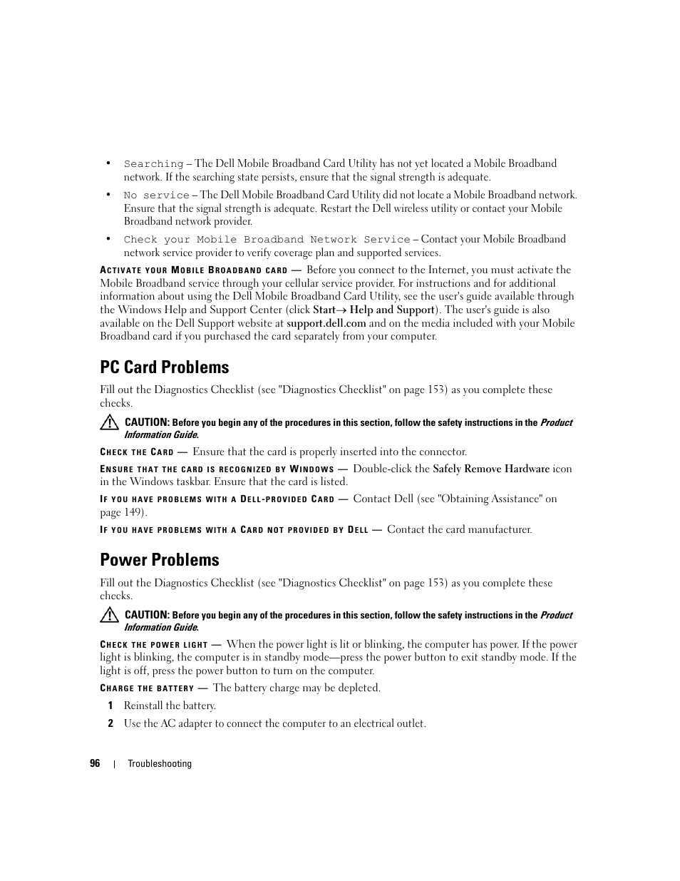 Pc card problems, Power problems | Dell Latitude D630 ATG (Mid 2007) User Manual | Page 96 / 166