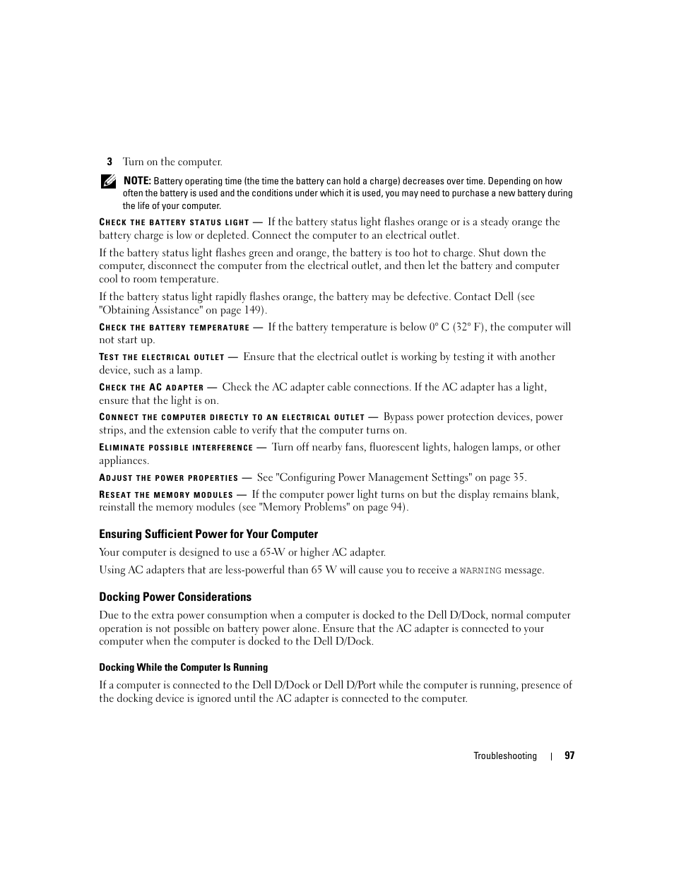 Ensuring sufficient power for your computer, Docking power considerations | Dell Latitude D630 ATG (Mid 2007) User Manual | Page 97 / 166