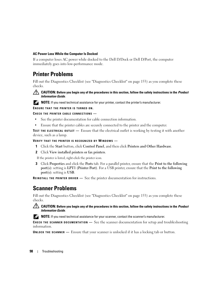 Printer problems, Scanner problems | Dell Latitude D630 ATG (Mid 2007) User Manual | Page 98 / 166