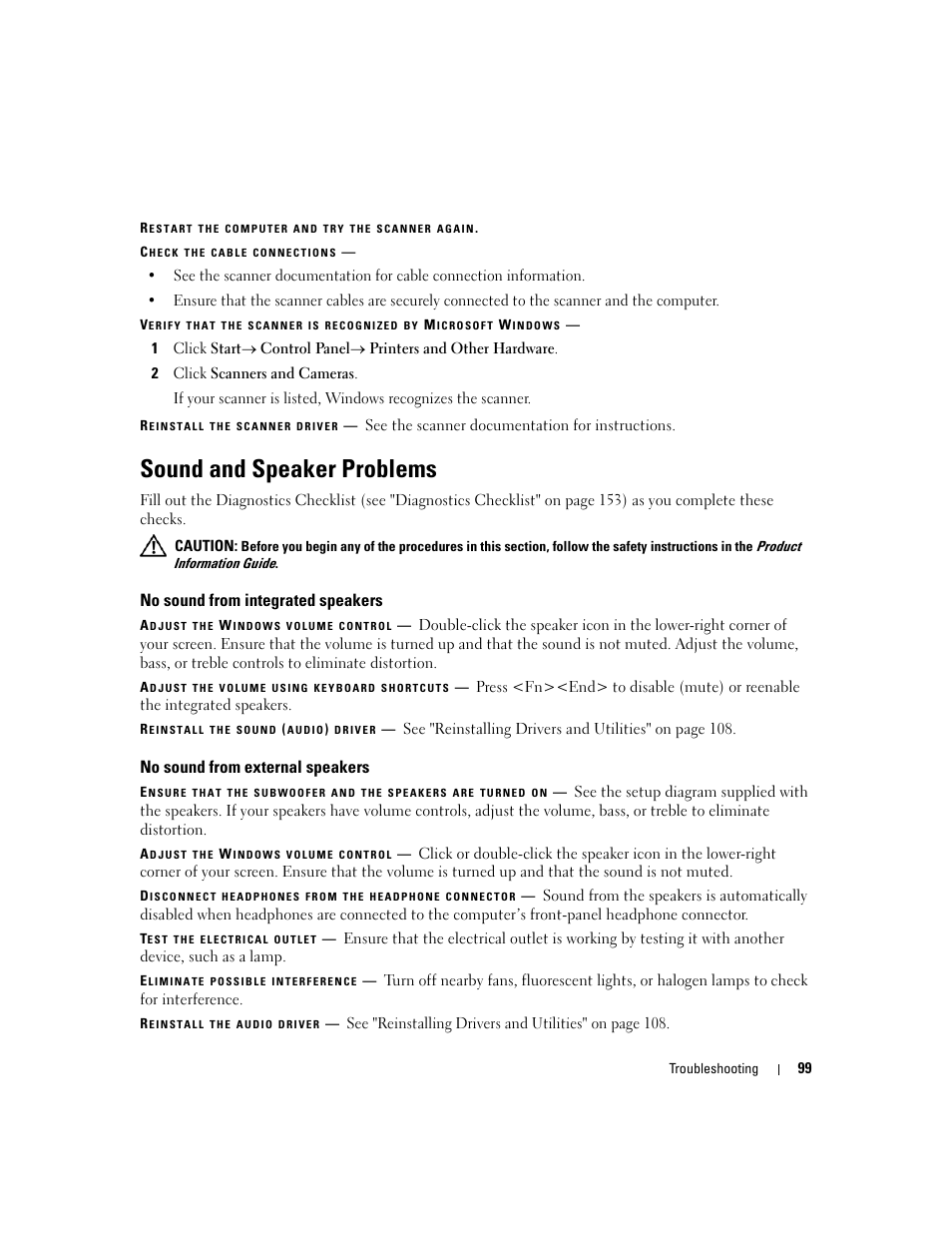 Sound and speaker problems, No sound from integrated speakers, No sound from external speakers | Dell Latitude D630 ATG (Mid 2007) User Manual | Page 99 / 166