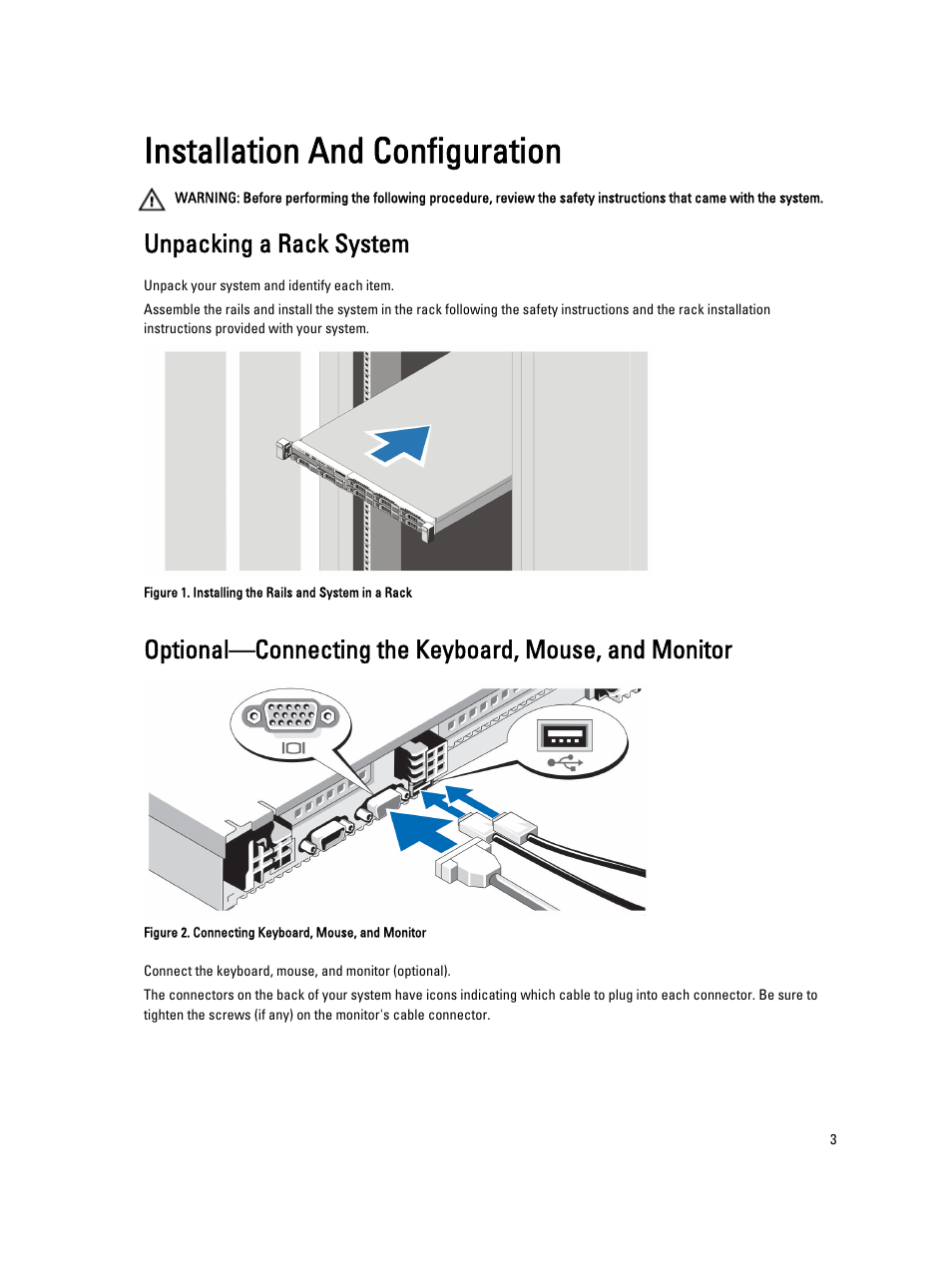 Installation and configuration, Unpacking a rack system | Dell POWEREDGE R620 User Manual | Page 3 / 9