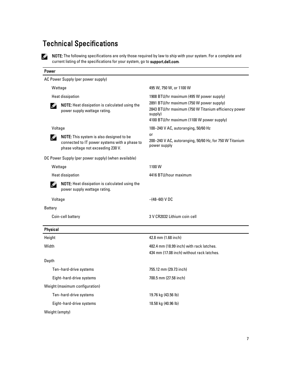 Technical specifications | Dell POWEREDGE R620 User Manual | Page 7 / 9