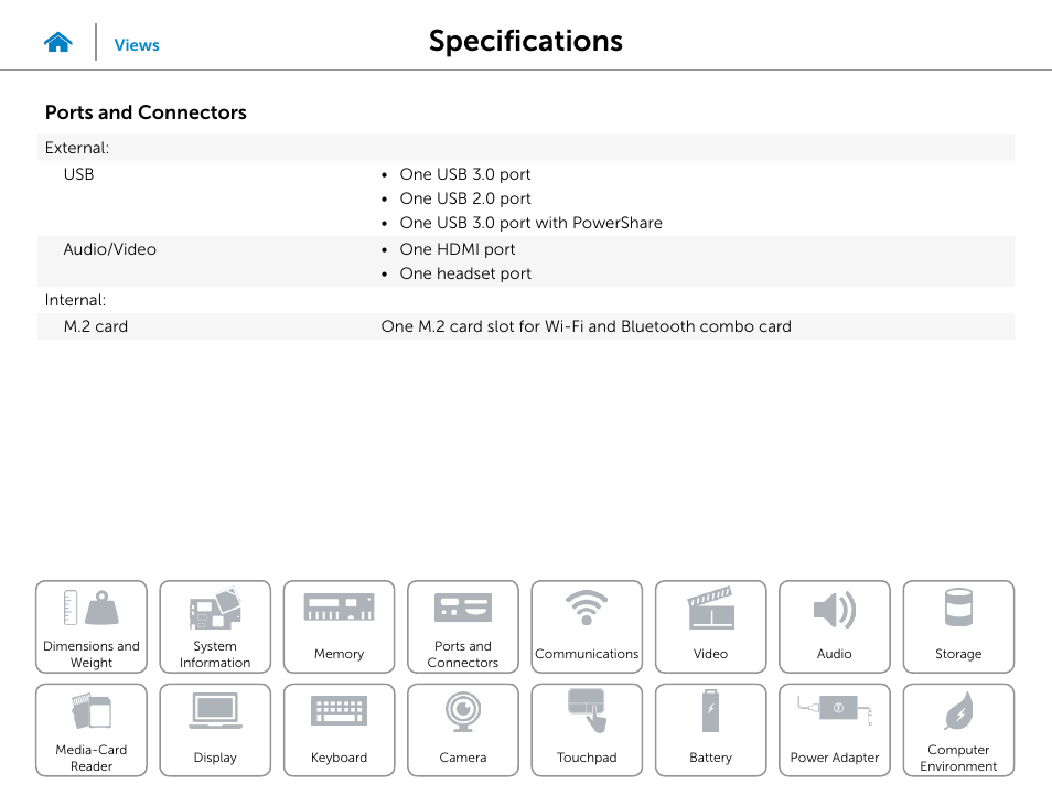 Ports and, Connectors, Specifications | Ports and connectors | Dell Inspiron 13 (7347, Mid 2014) User Manual | Page 11 / 24