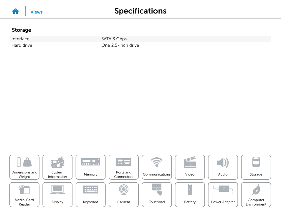Storage, Specifications | Dell Inspiron 13 (7347, Mid 2014) User Manual | Page 15 / 24