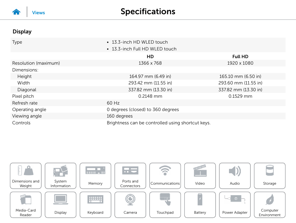 Display, Specifications | Dell Inspiron 13 (7347, Mid 2014) User Manual | Page 17 / 24