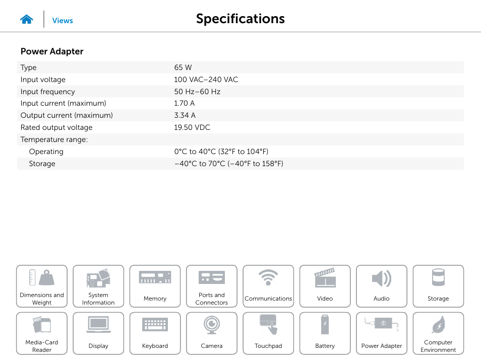 Power adapter, Specifications | Dell Inspiron 13 (7347, Mid 2014) User Manual | Page 23 / 24