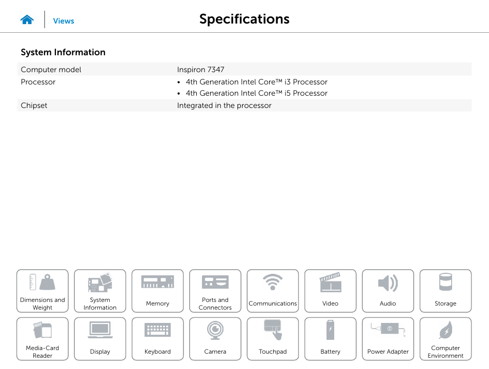 System, Information, Specifications | System information | Dell Inspiron 13 (7347, Mid 2014) User Manual | Page 9 / 24