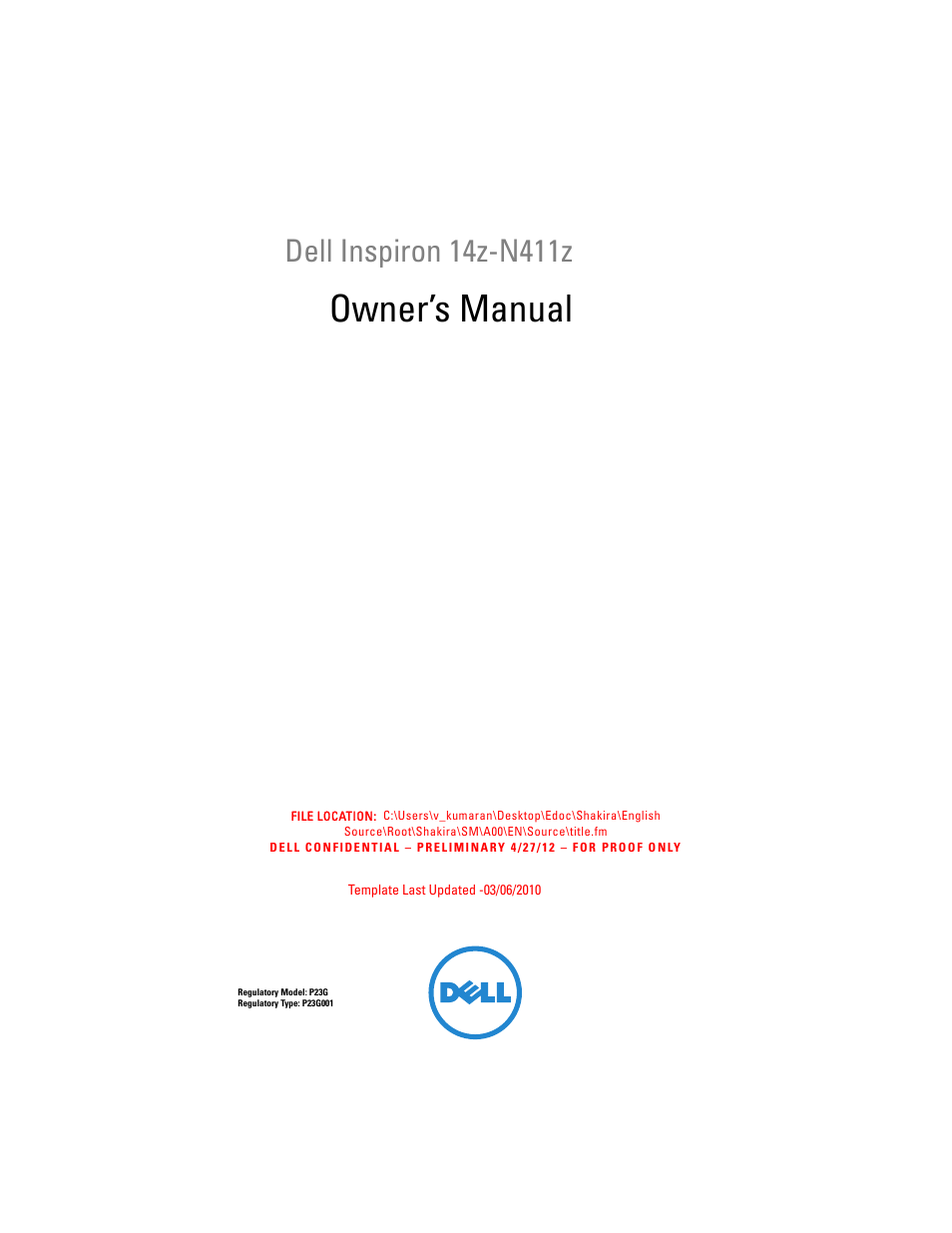 Dell Inspiron 14z (1470, Mid 2009) User Manual | 102 pages