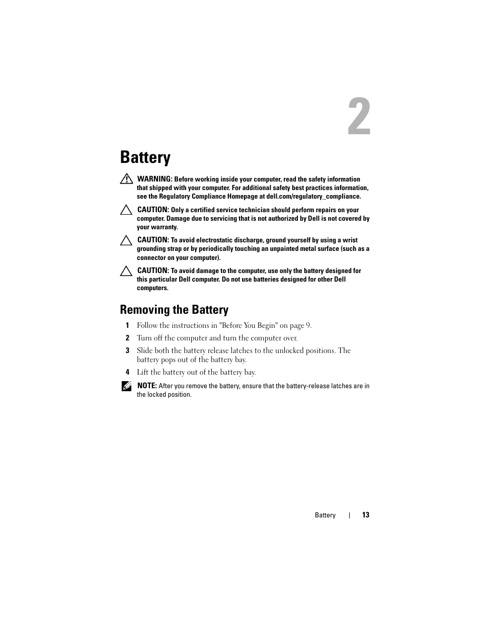 Battery, Removing the battery | Dell Inspiron 14z (1470, Mid 2009) User Manual | Page 13 / 102