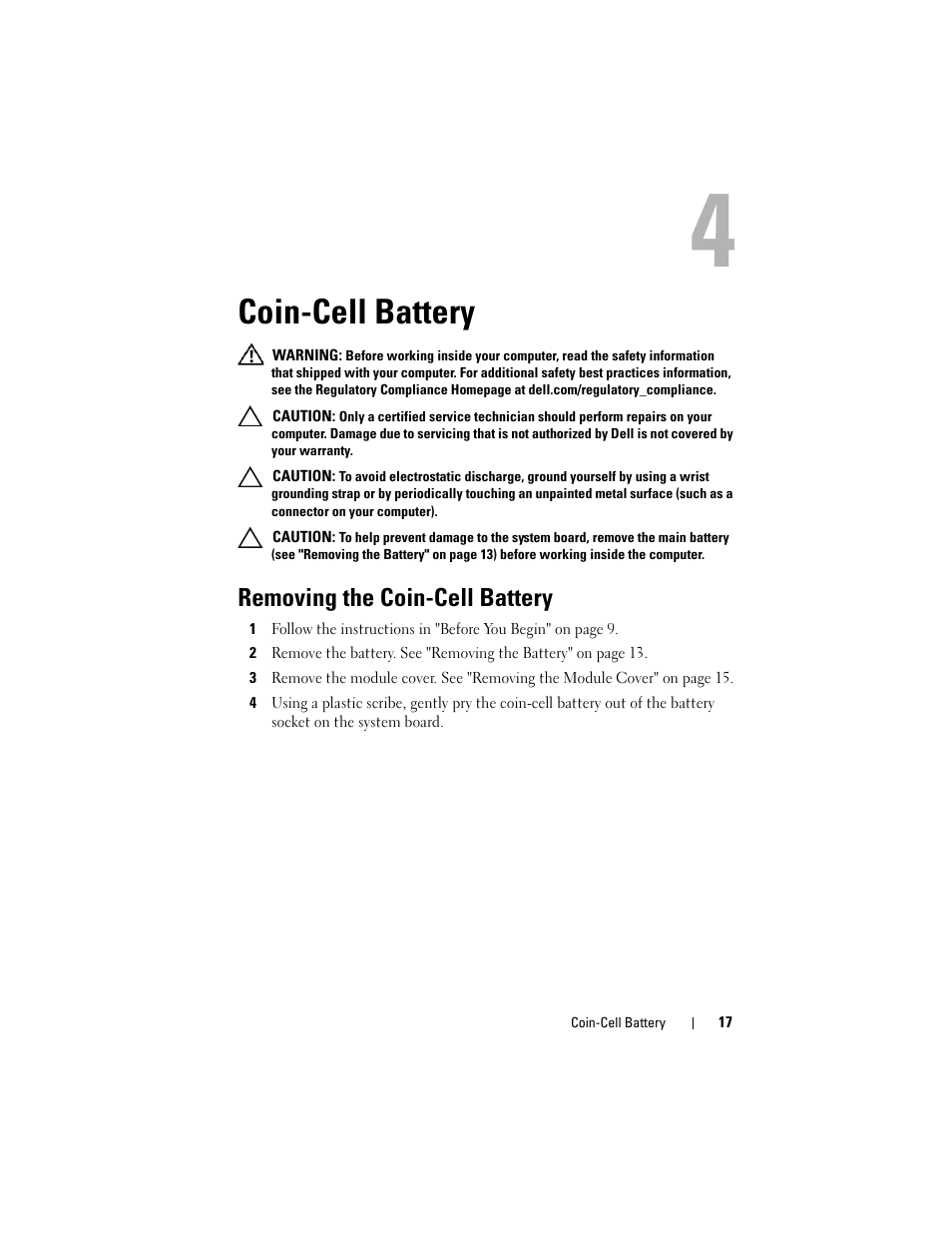 Coin-cell battery, Removing the coin-cell battery | Dell Inspiron 14z (1470, Mid 2009) User Manual | Page 17 / 102