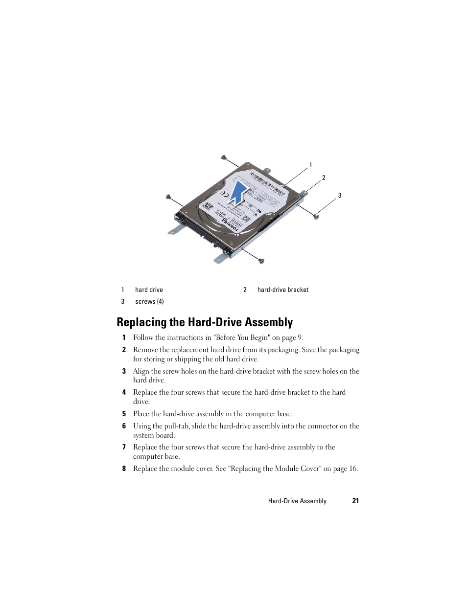 Replacing the hard-drive assembly | Dell Inspiron 14z (1470, Mid 2009) User Manual | Page 21 / 102