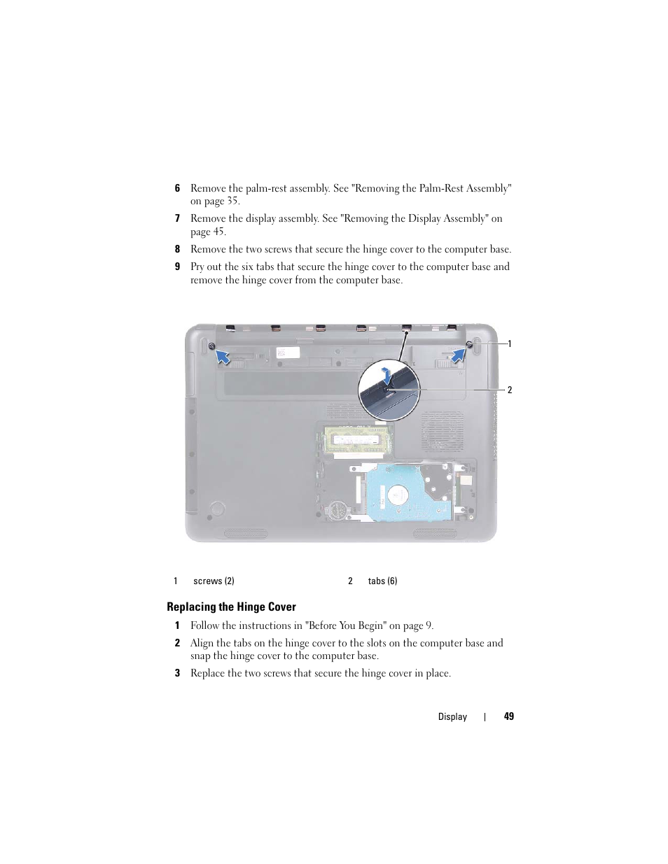 Replacing the hinge cover | Dell Inspiron 14z (1470, Mid 2009) User Manual | Page 49 / 102