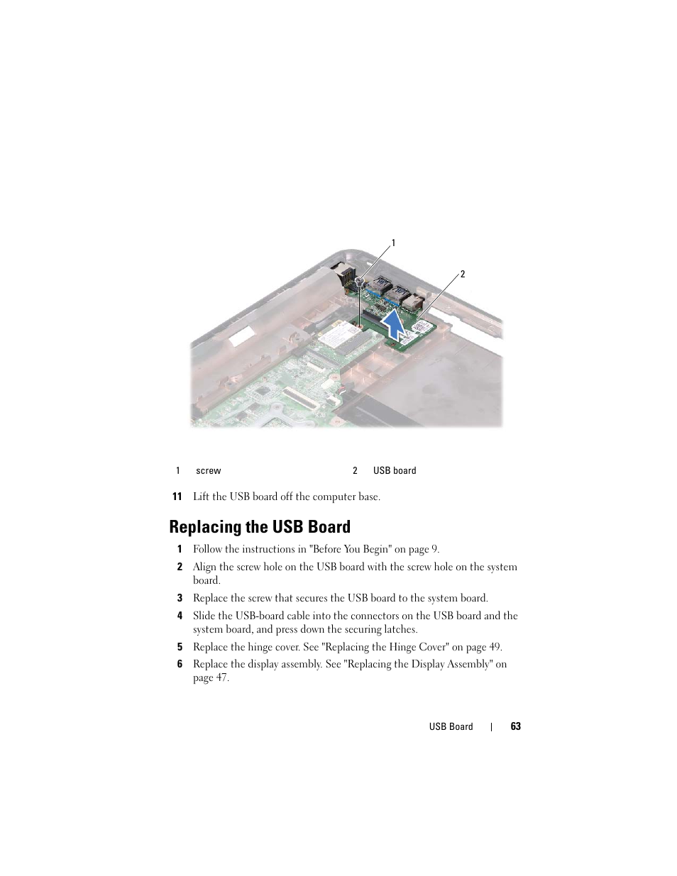 Replacing the usb board, See "replacing the | Dell Inspiron 14z (1470, Mid 2009) User Manual | Page 63 / 102