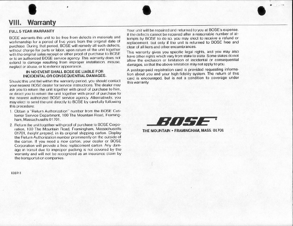 Viii. warranty | Bose 901 Series III User Manual | Page 20 / 20