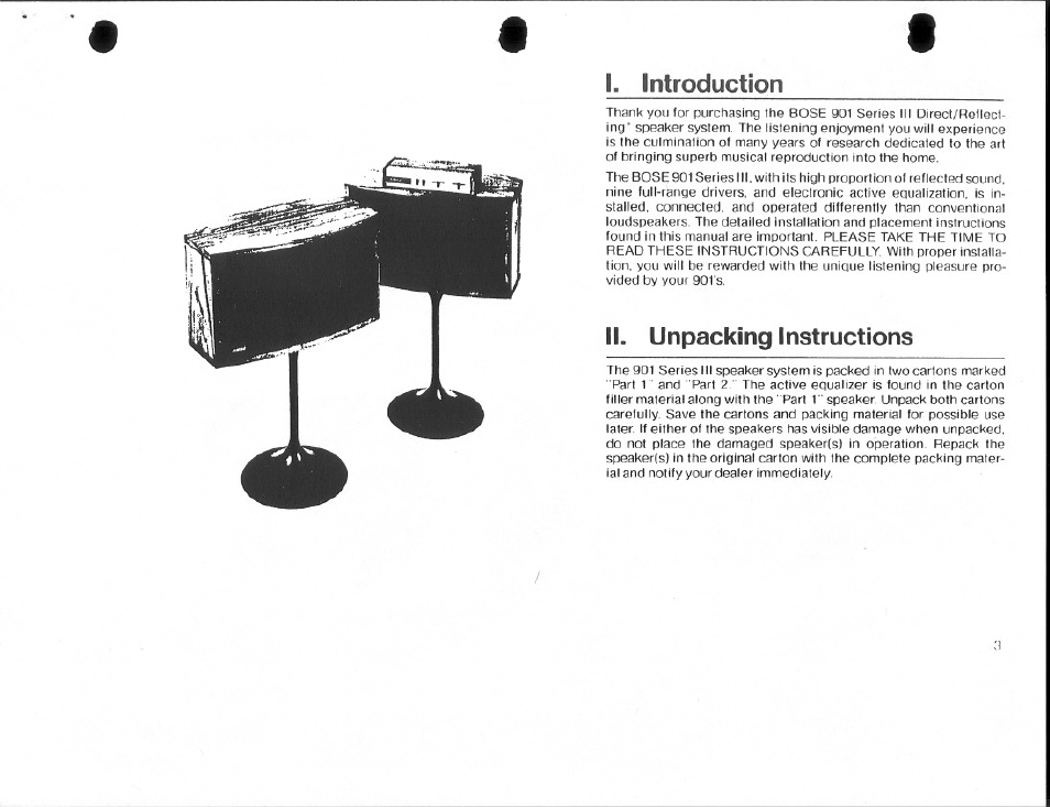 I. introduction, Ii. unpacking instructions | Bose 901 Series III User Manual | Page 3 / 20