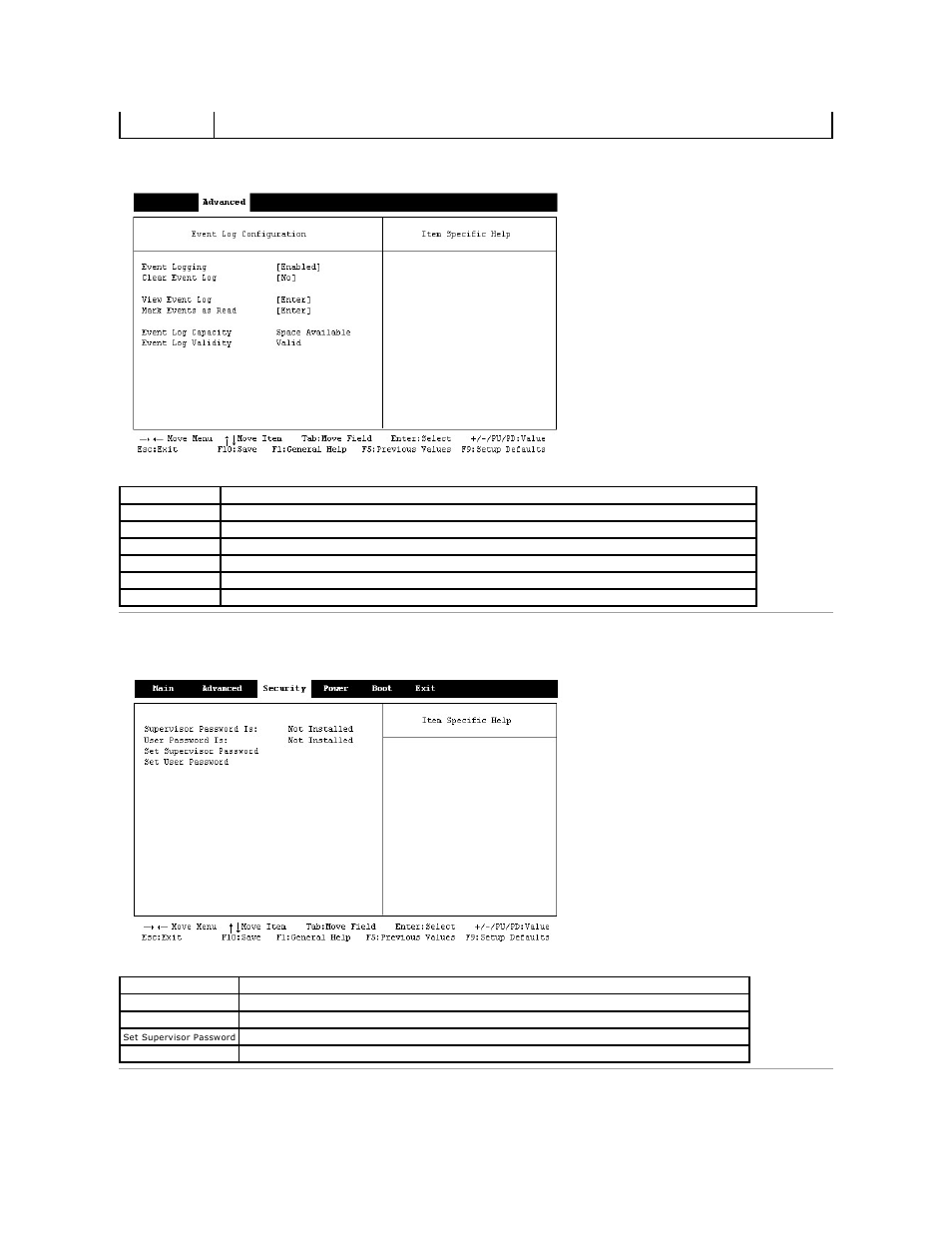 Security screen, Power screen, Displays the | Event log configuration submenu | Dell Dimension 2350 User Manual | Page 47 / 55