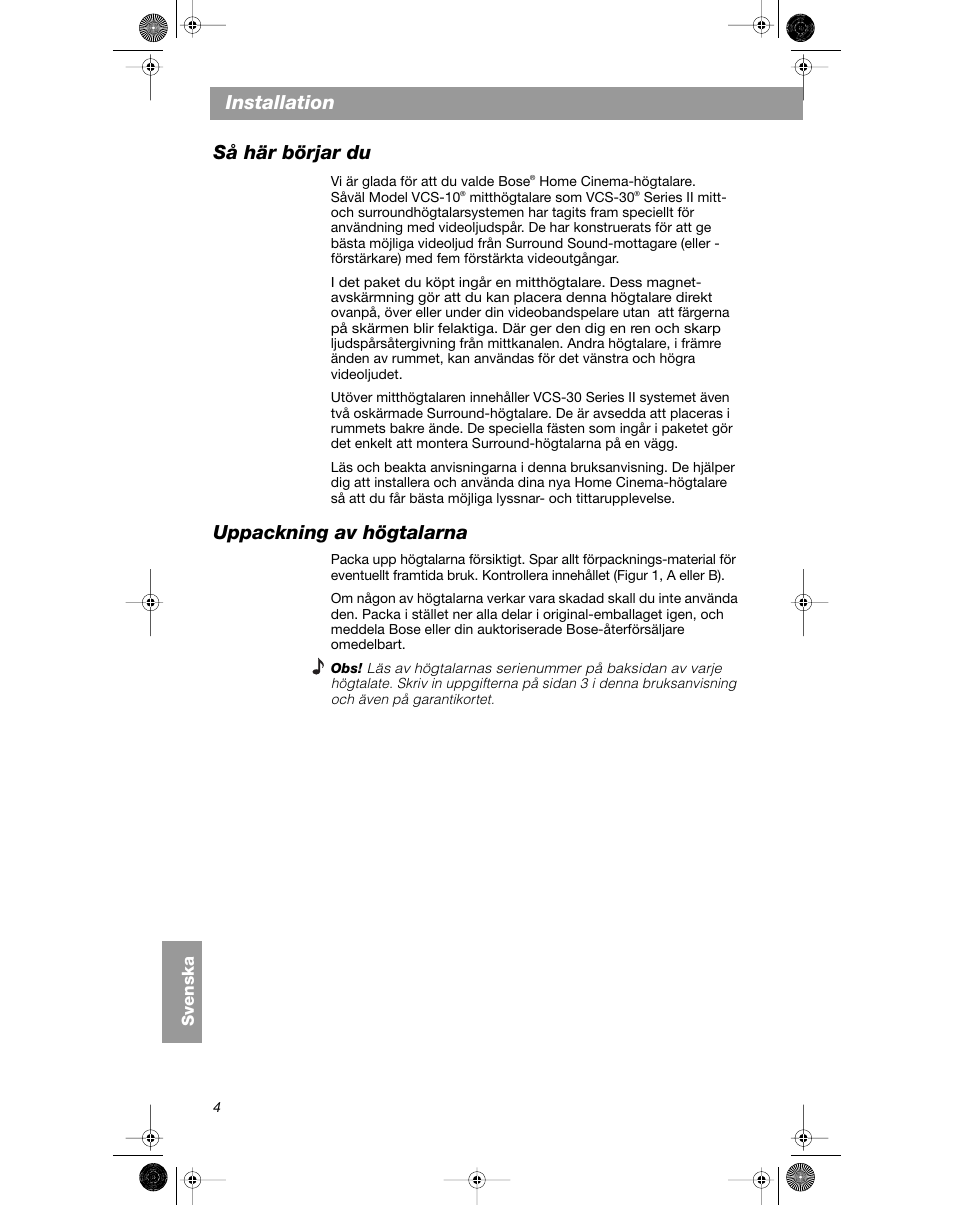 Installation så här börjar du, Uppackning av högtalarna | Bose VCS-10 User Manual | Page 102 / 116